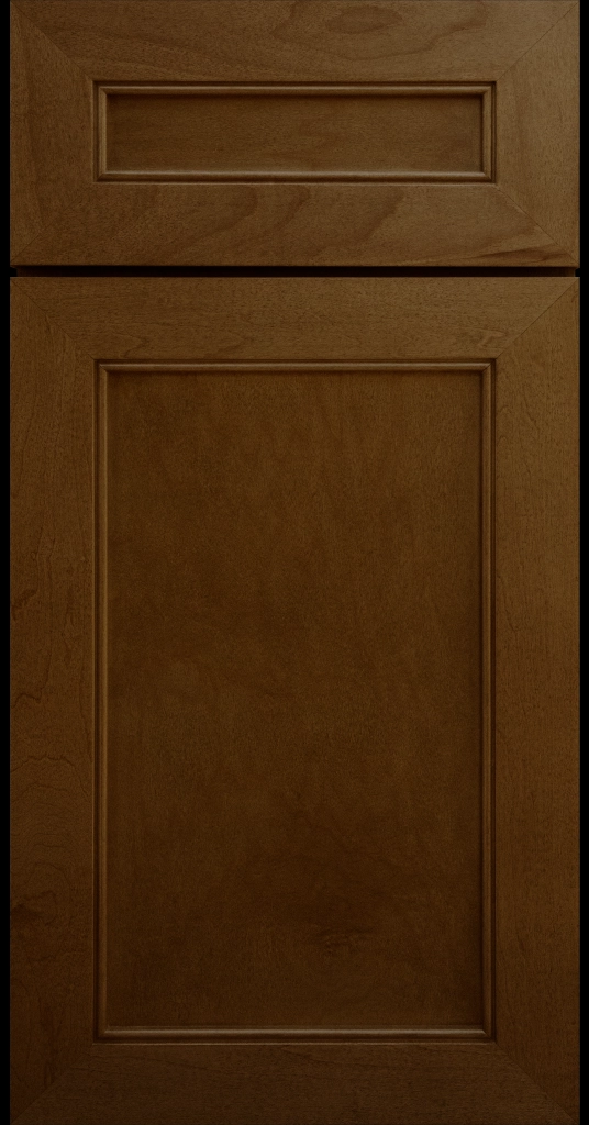 Alpine-style mitered shaker cabinet in Cognac Stain with a flat center panel & inside bead detail.